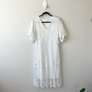 Bella Ella Boutique White Overlay Lace Midi Dress Cottagecore Women’s Size Large